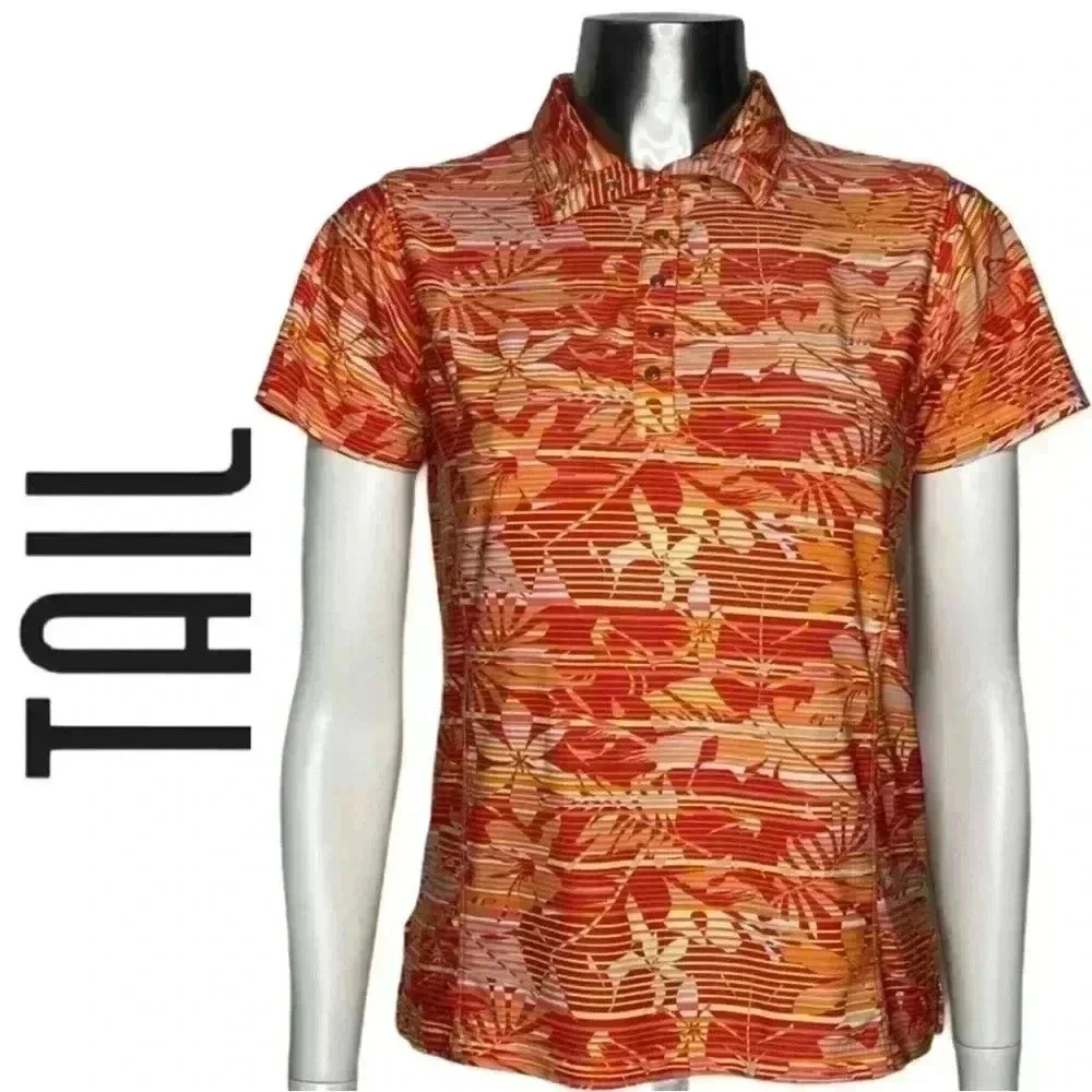 Tail Golf Shirt Hawaiian Print Golf Shirt Orange Yellow White Small